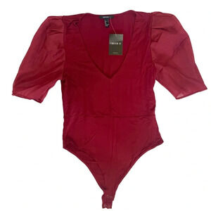 Forever 21 Burgundy V-Neck Puffy Sleeves Bodysuit